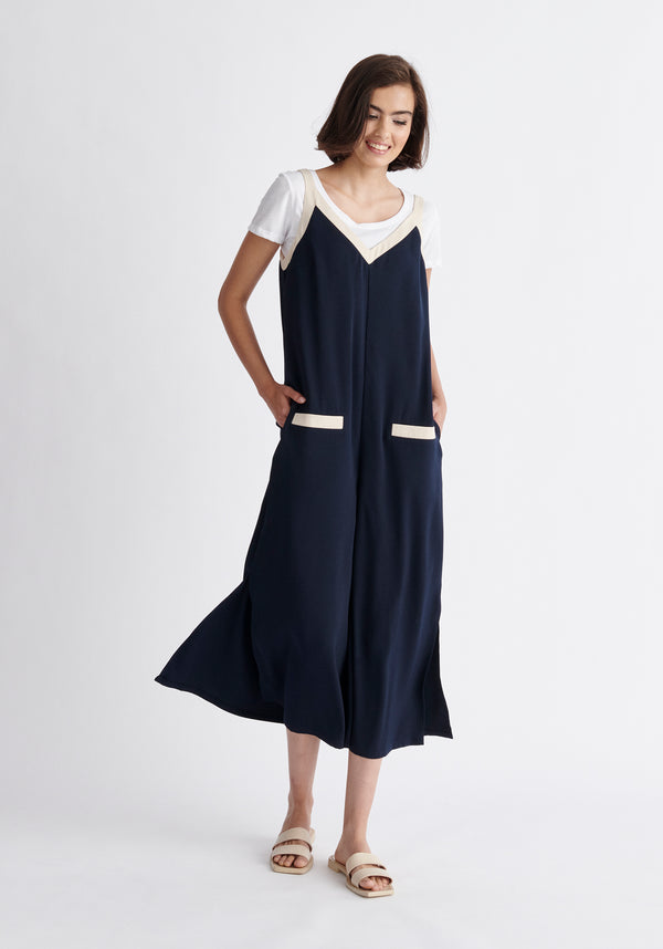 Paisie Contrast Colour Jumpsuit in Navy and Cream